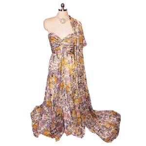 Vintage Floral Silk Evening Gown with Stole: Ruched Sweetheart Neckline