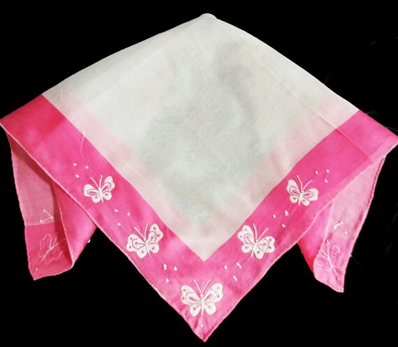 Vintage Pink & White Butterflies Handkerchief Lov… - image 1