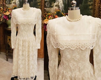 Vintage Gunne Sax Jessica McClintock Lace Applique Satin and Organza Dress w Huge Collar vintage lace dress Wedding Dress Gunne Sax Dress
