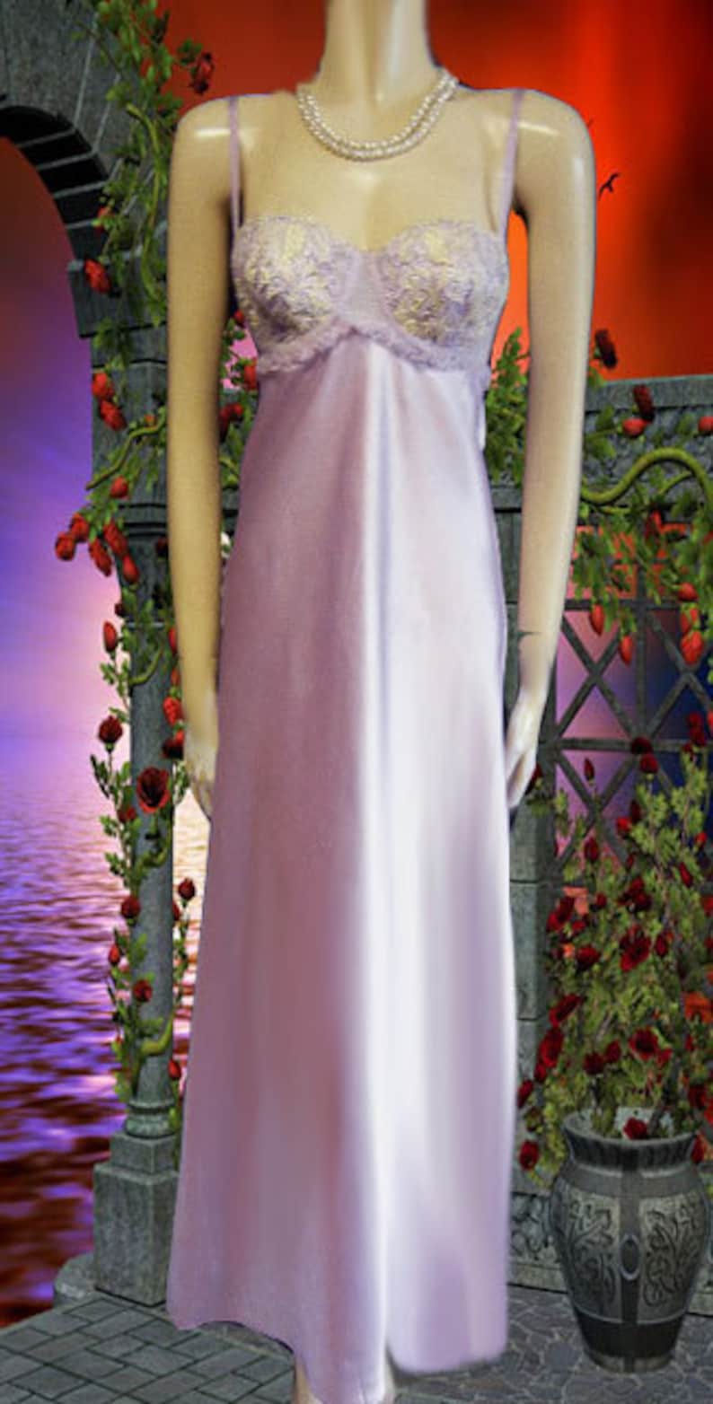 Vintage 80s Flora Nikrooz Lace Applique Nightgown Antique Lavender satin nightgown designer nightgown bra nightgown bridal