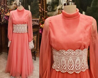 Vintage Sophisticated Miss by Frances Henagham  Evening Gown in Mango w Huge Applique Waist Jennifers in Scottsdale Phoenix