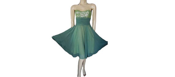 Betsey Johnson Silk Chiffon Strapless Party Dress Encrusted Sequins Mermaid Designer Dress Sequin Dress Green Dress