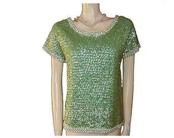 Vintage 1960s Sequin Wool Top • Hand Decorated Hong Kong Lily Pad Green Beaded Blouse