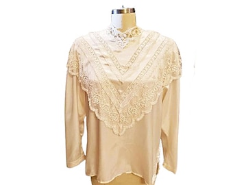 Vintage San Andre Victorian Look Ivory Charmuese Satin Lace Tierred  Ruffled Blouse