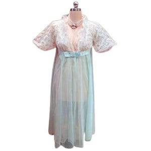 Vintage Double Nylon Aqua Mist and White Lace Peignoir with Puffy Sleeves Vintage Dressing Gown