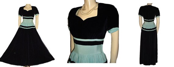 Vintage 1930s 1940s Black velvet Aqua Faille Eveni