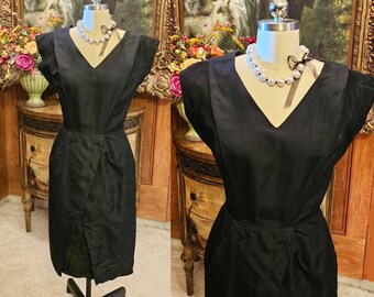 Vintage Black Sheath Pleated Bodice Dress Metal Zipper 2 Buttons in Front designer dress black dress vintage dress metal zipper dress