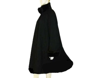 Vintage Steve by Searle Black Wool Blend Coat: Faux Fur Collar, Size 14