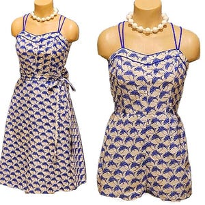 Vintage Elizabeth Stewart Blue Fish Boy Cut Suit Swimsuit Romper with Bonus Wrap Skirt