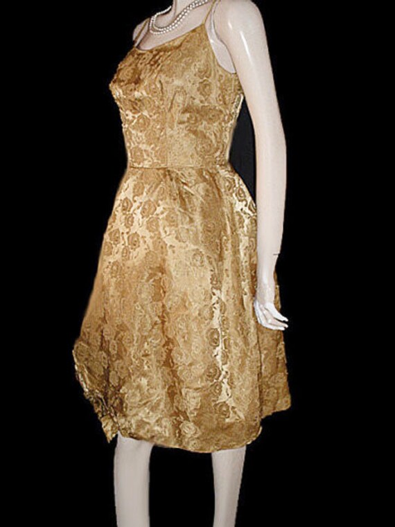 Vintage 50s Gold Brocade Party Dress w Roses & Bo… - image 3