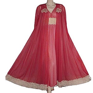 Vintage Intime Double Nylon with Ivory Lace Peignoir & Nightgown Set In Cherries Jubilee vintage peignoir vintage intime nightgown