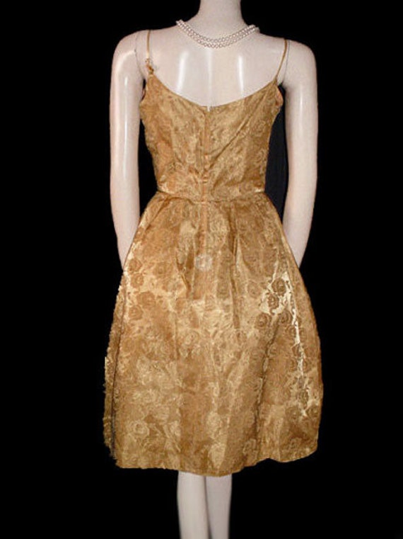 Vintage 50s Gold Brocade Party Dress w Roses & Bo… - image 8