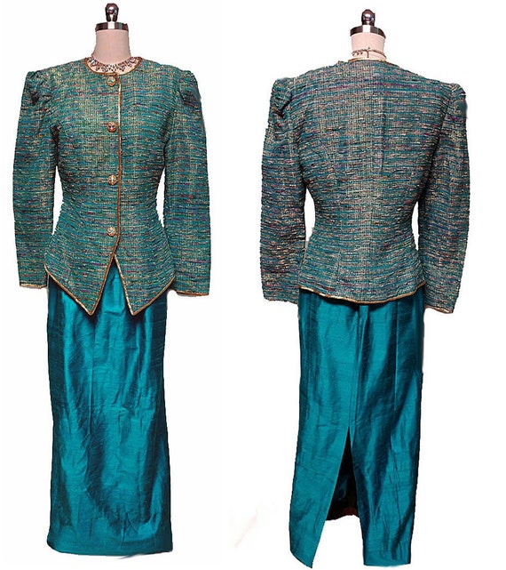 Vintage 80s Teal Metallic Gold Slubbed Evening Jac