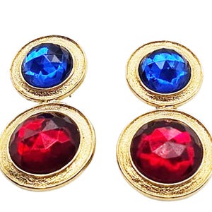 Vintage 1980s Royal Blue and Ruby Red MultiFaceted Dome Shape Rhinestone Dangle Earrings