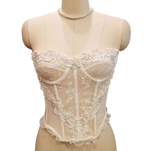 Vintage 80s Lace Merry Widow Bustier: Dotted Swiss Appliques, Size 34