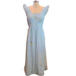 Vintage 1960s Blue Double Nylon Nightgown – Long Flowing Gown w Floral Applique  Romantic Lingerie Glam