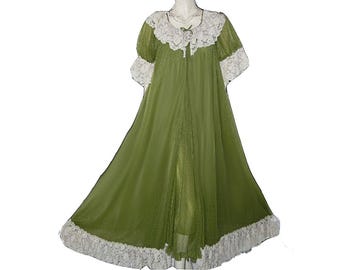 RoVel of California Spanish Moss Peignoir & Nightgown Set - Double Nylon - Ecru Lace - Rare Jewel Tone