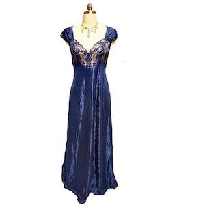 Vintage Shimmering Navy Lace Nightgown with Criss Cross Back