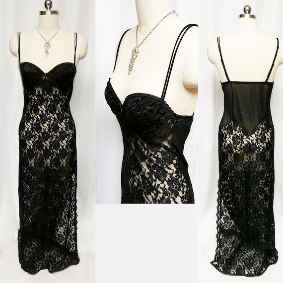 Vintage Lily of France by Delores Spandex & Black Lace Nightgown Built Bra  Glamour Girl Nightgown Black -  Finland