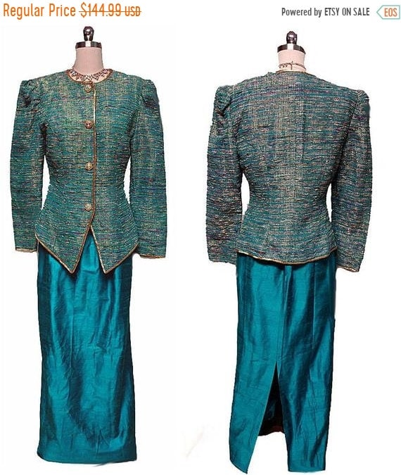CLEARANCE SALE Vintage 80s Teal Metallic Gold Slub