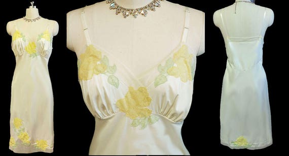 Vintage Yellow Roses & Leaves Applique Tulle Slip