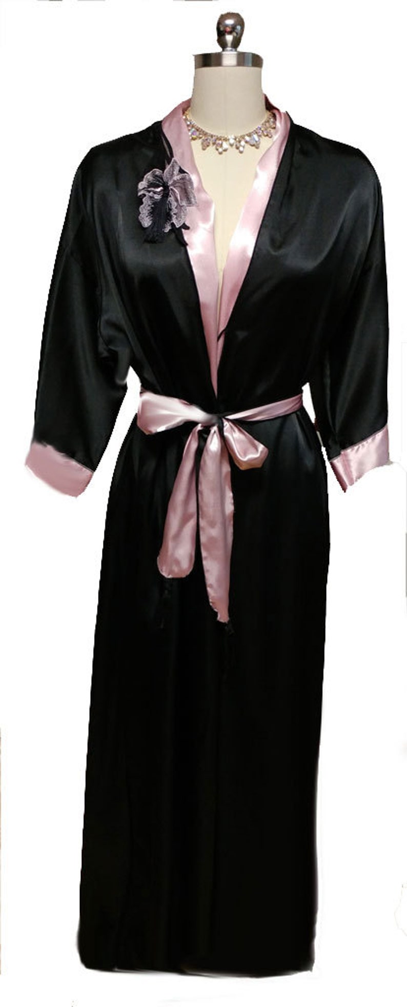 Vintage Donna Richard Satin Peignoir Pink Black Orchid Applique dressing gown baby pink satin robe black robe black satin robe