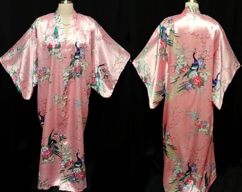 New Old Stock wTag Vintage Oriental Asian Peacock Cherry Blossoms Silky Rose Kimono Peignoir Huge Sleeves From Japan one size Gift for Her