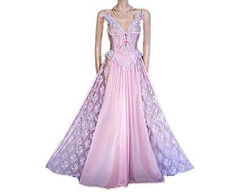 Vintage Pink Lace Ruffle Nightgown: Bridal Trousseau Gown, Bustier Bodice