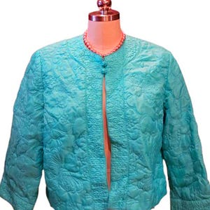 Vintage  Marshall Field and Company Quilted Bed Jacket in Turquoise Made in British Hong Kong   bed jacket designer bed jacket