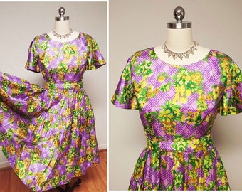 Vintage 50s Purple and Green Lattice Satin Metal Zipper Dress vintage dress 50s dress purple dress floral dress party dress satin