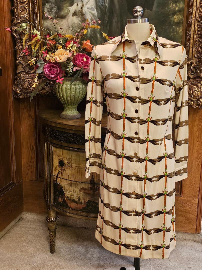 Vintage Mr. Dino Dragonflies Shirtwaist Novelty Dress With Signature