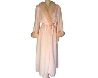 Vintage Intime of California Marabou Peachy Pink Satiny Peignoir & Nightgown Set