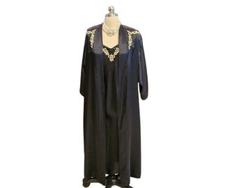Vintage Black Satin with Gold Embroidery Peignoir and Nightgown Set    Glamorous Lingerie Ensemble