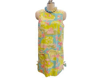 Vintage 90s Lilly Pulitzer Dress • Aqua Palm Tree Print • Tropical Island Scene • Pom Trim & Bow Hem • Size 8