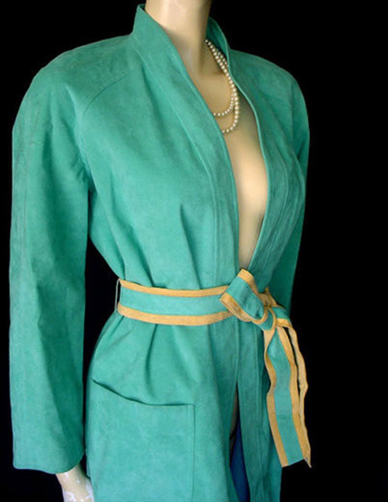 SALE Vintage Turquoise /& Buckskin Look Ultrasuede Coat designer coat 70s coat wrap coat fall coat