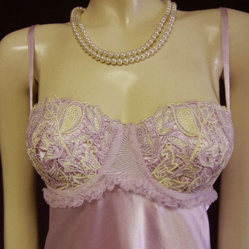 Vintage 80s Flora Nikrooz Lace Applique Nightgown Antique Lavender satin nightgown designer nightgown bra nightgown bridal