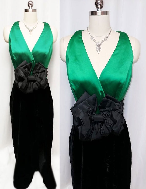 Vintage Rimini Emerald Satin & Black Velvet Evenin