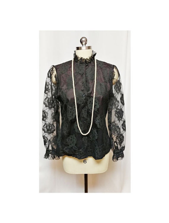 Vintage 60s Fancy Judy Bond Black Floral Lace Blou