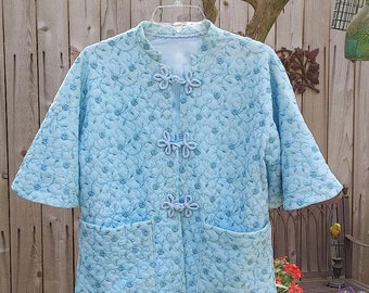 Vintage 70s Blue Quilted Bed Jacket w Love Knots Metallic Blue Flowers designer bed jacket blue bed jacket quilted bed jacket