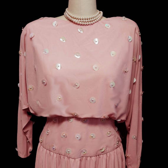 Vintage 70s Lillie Rubin Pearl Paillettes Pink Ev… - image 3