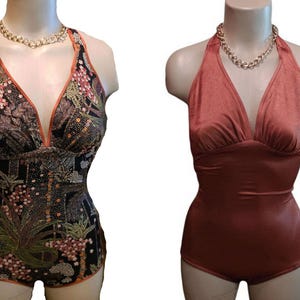 Vintage Halter Reversible Spandex Swimsuit in Copper and Floral Print - 2 Swim Suits in One