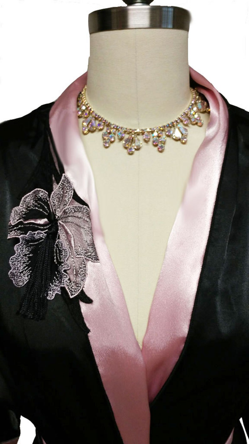Vintage Donna Richard Satin Peignoir Pink Black Orchid Applique dressing gown baby pink satin robe black robe black satin robe