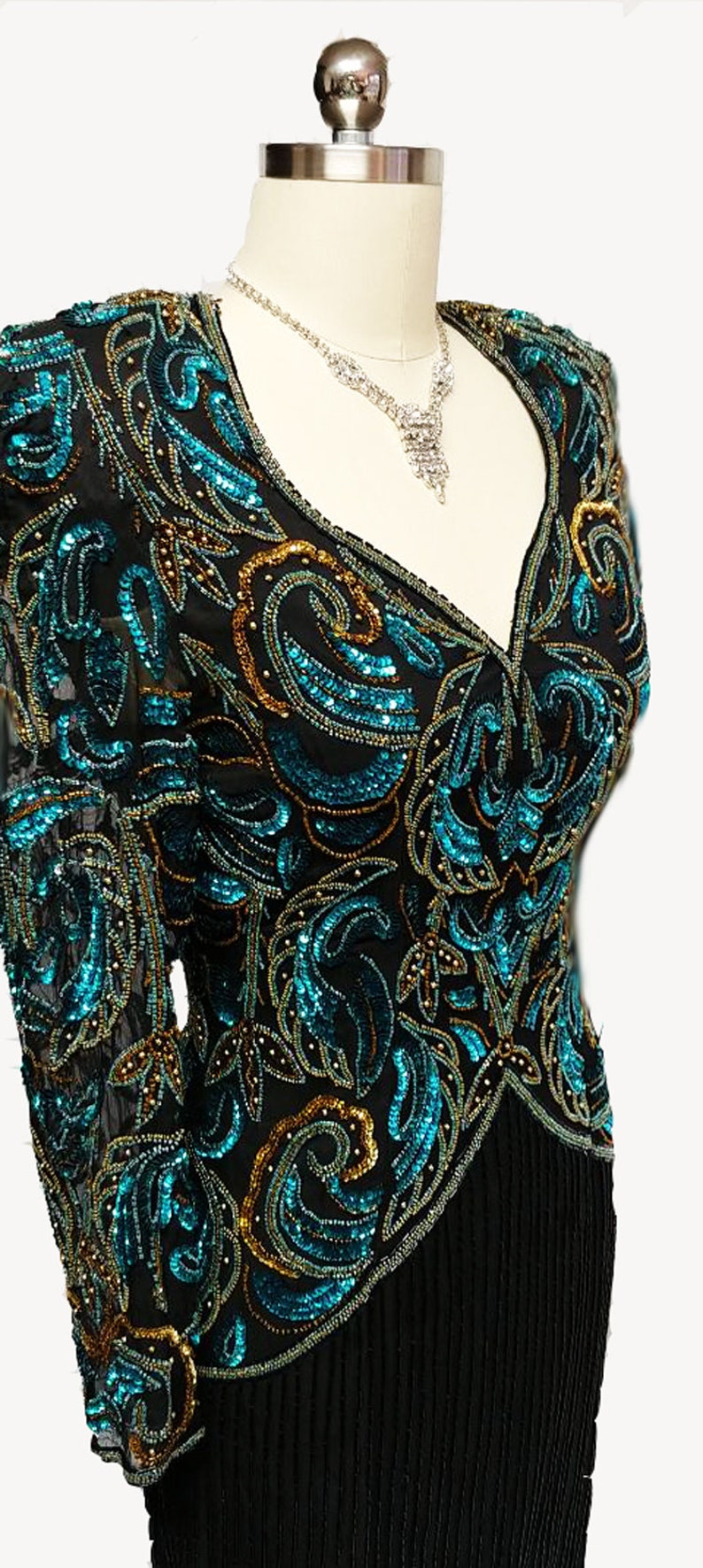SALE Gorgeous Vintage Scala Black Silk Evening Gown Encrusted w Deep Sea Blue Sequins /& Gold Beads glamorous evening gown
