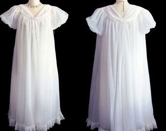 Vintage Jenelle of California Double Nylon Peignoir & Nightgown Set Trimmed W Satin In Bridal White 60s 70s bridal peignoir set Gift for Her