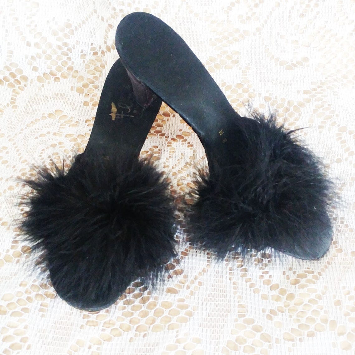Vintage Flirto Black Marabou High Heel Bedroom Slippers - Etsy