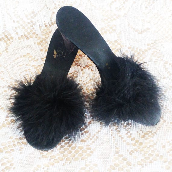 Vintage Flirto Black Marabou High Heel Bedroom Sl… - image 3