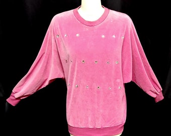 Vintage Chaus Hot Pink Rhinestone Velour Top pink top velour sweatshirt rhinestone top jeans top pink top sweatshirt Gifts for Her