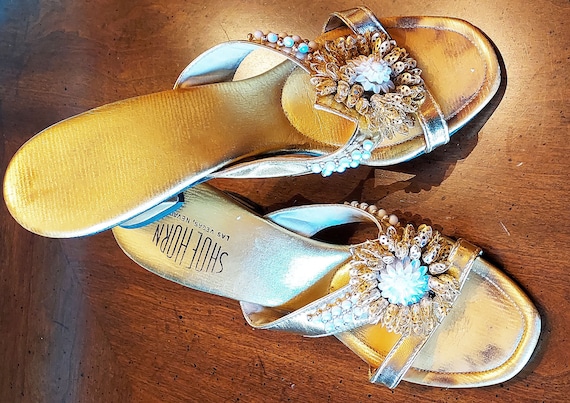 Vintage Horn Las Vegas Gold Mules W Beading Decoration Slip Ons