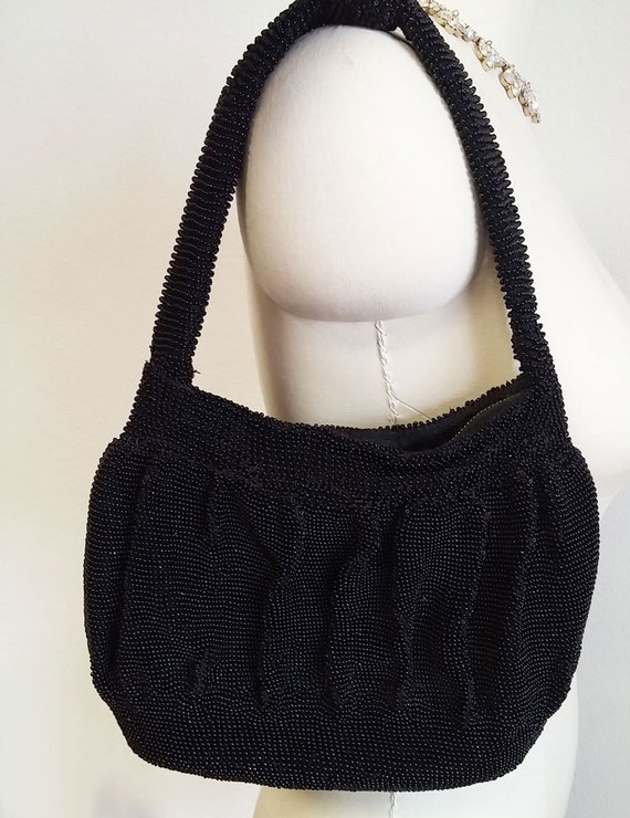 Vintage 1940s Black Beaded Purse Handbag heavy pur
