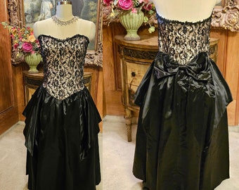 Vintage Scott McClintock Strapless Satin Lace Illusion Sequin Evening Gown w Huge Bow and Crinoline vintage prom dress Sweetheart Neckline